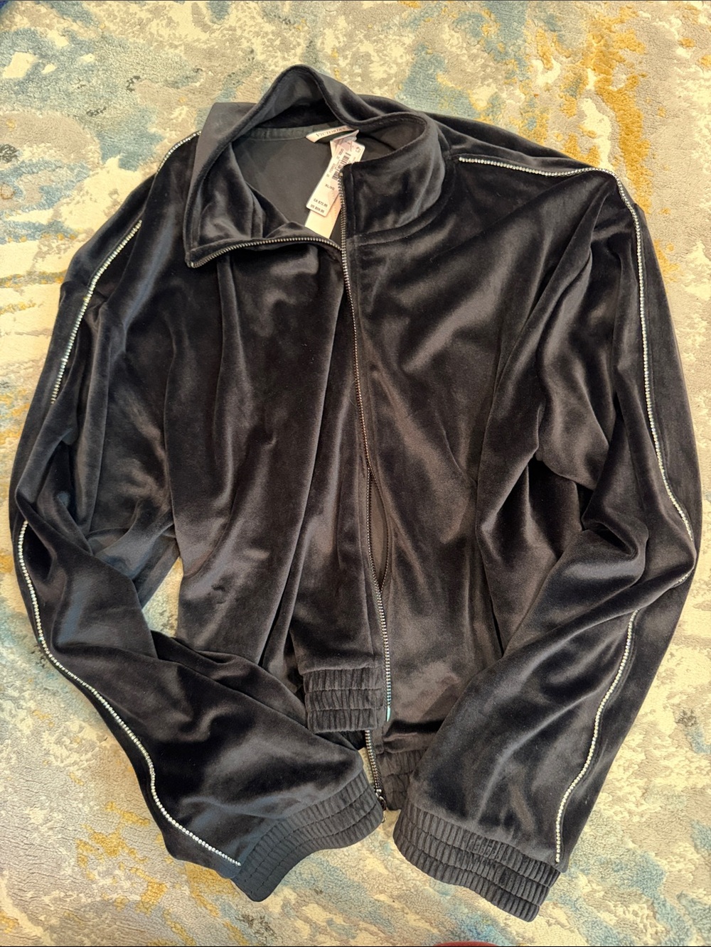 NWT Victorias secret Black Velour Zip-Up Jacket with Rhinestone Trim